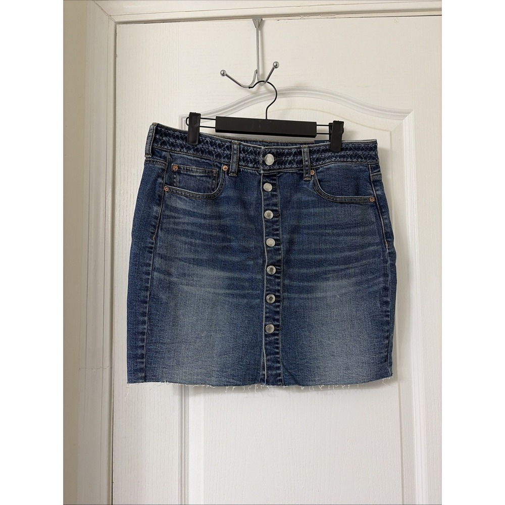 New American Eagle Blue Denim Hi-Rise Button-Front Mini Skirt Pockets Size 12